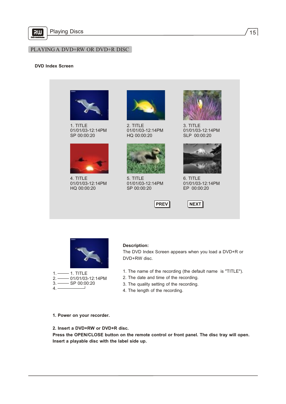 Playing discs 15 playing a dvd+rw or dvd+r disc | Go-Video R 6640 User Manual | Page 16 / 40