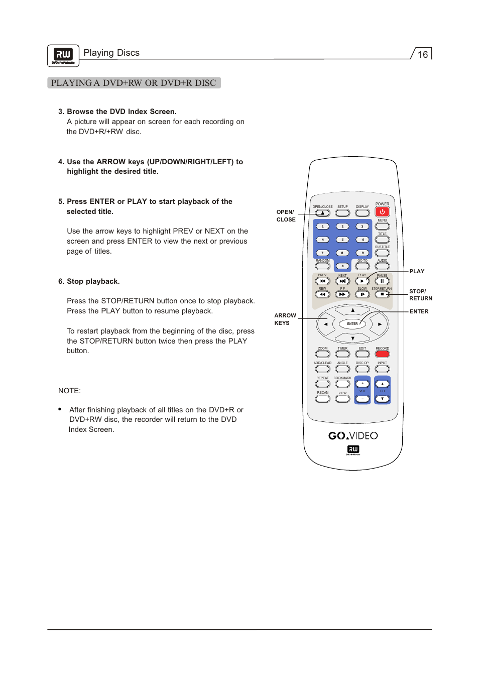 16 playing a dvd+rw or dvd+r disc, Playing discs | Go-Video R 6640 User Manual | Page 17 / 40