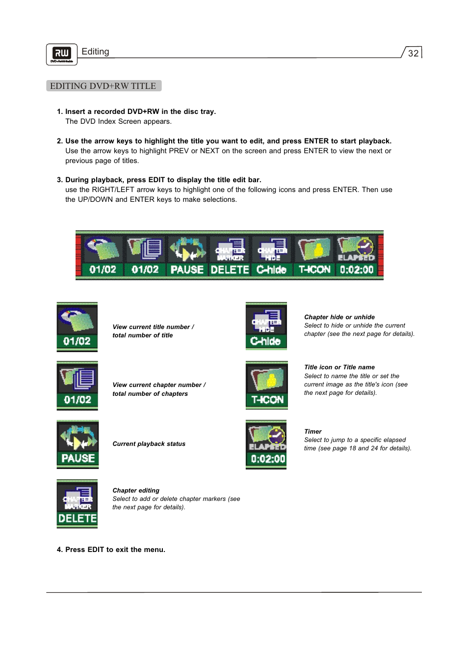 32 editing editing dvd+rw title | Go-Video R 6640 User Manual | Page 33 / 40