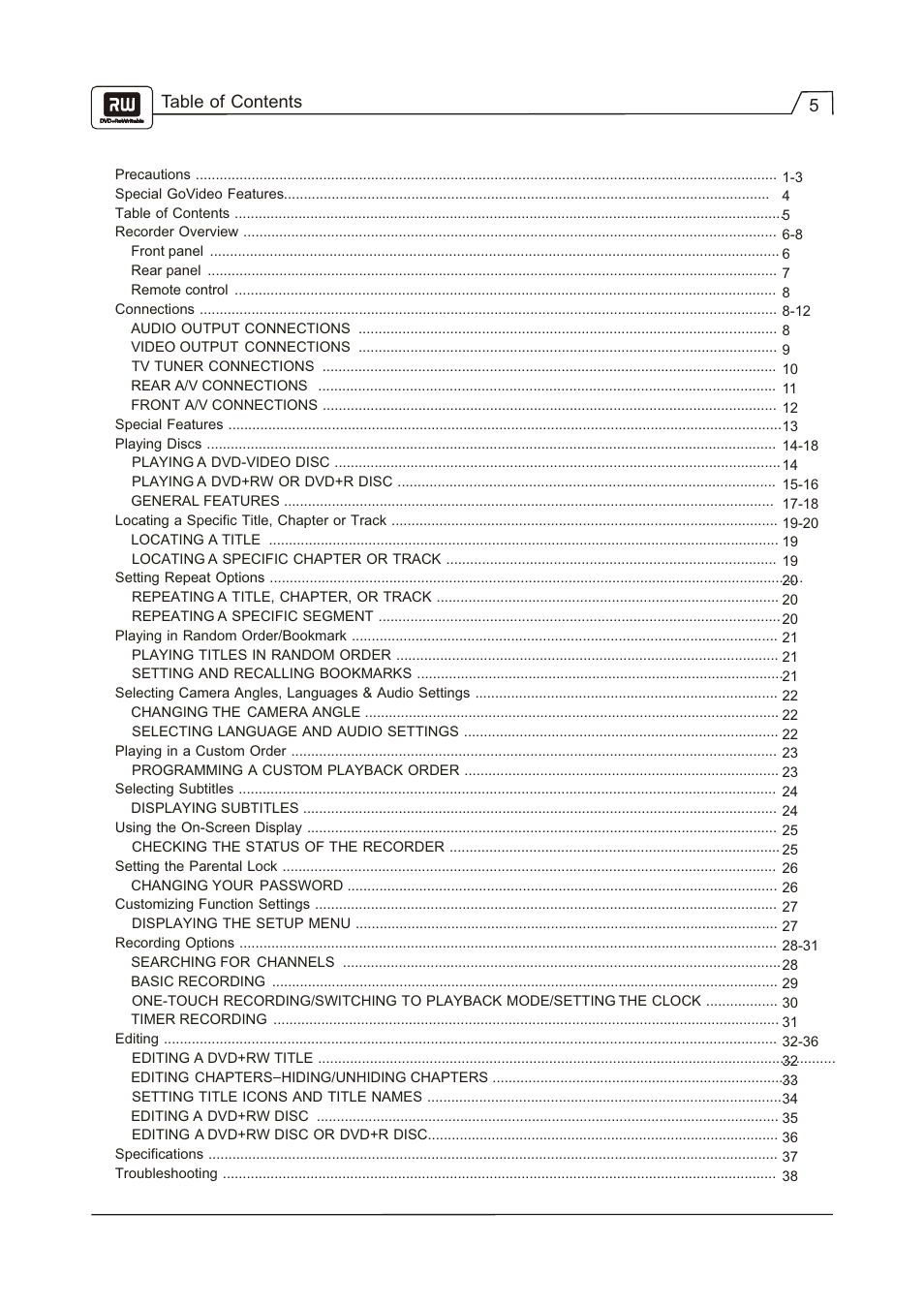 Table of contents 5 | Go-Video R 6640 User Manual | Page 6 / 40