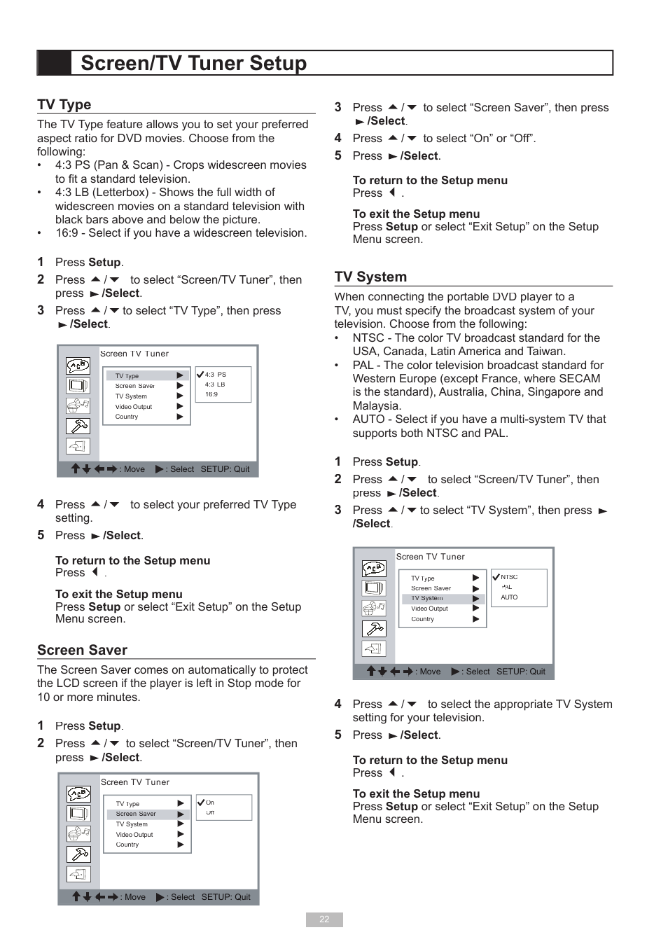 Screen/tv tuner setup, Tv type, Screen saver | Tv system | Go-Video DP7040 User Manual | Page 22 / 34