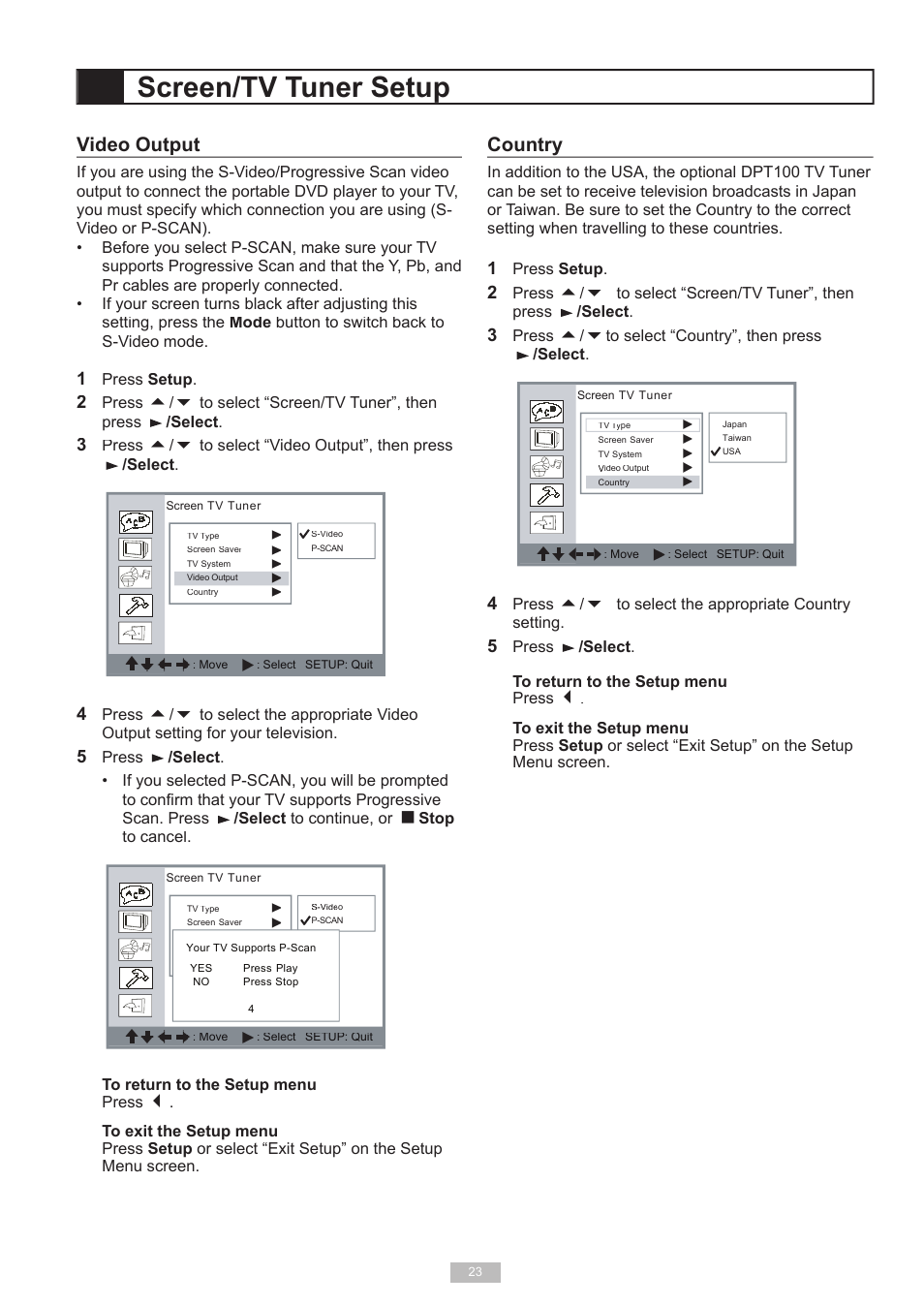 Screen/tv tuner setup, Video output, Country | Go-Video DP7040 User Manual | Page 23 / 34