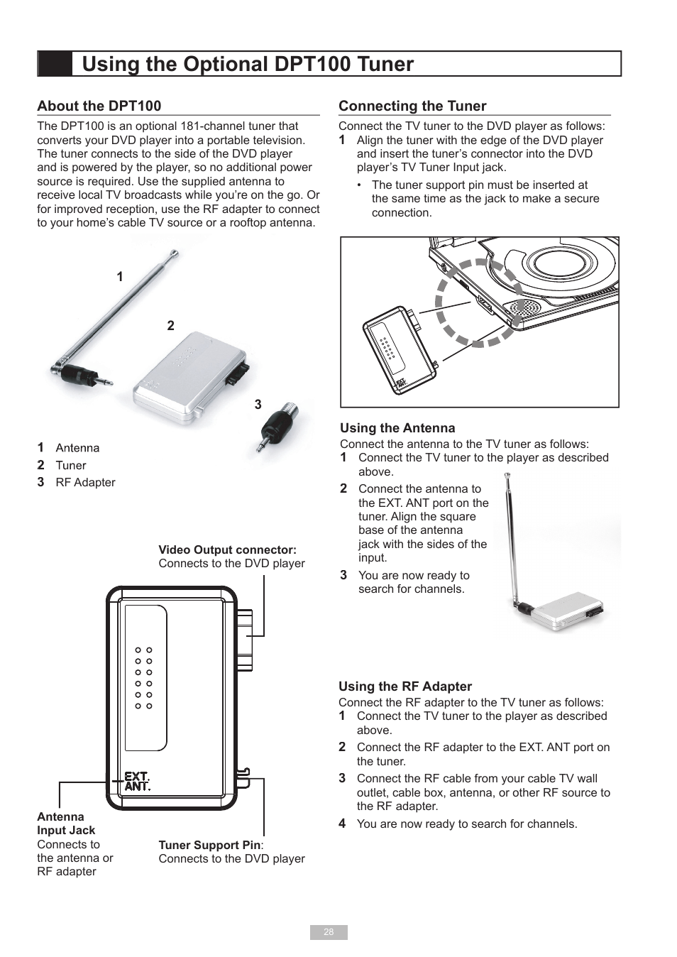 Using the optional dpt100 tuner | Go-Video DP7040 User Manual | Page 28 / 34