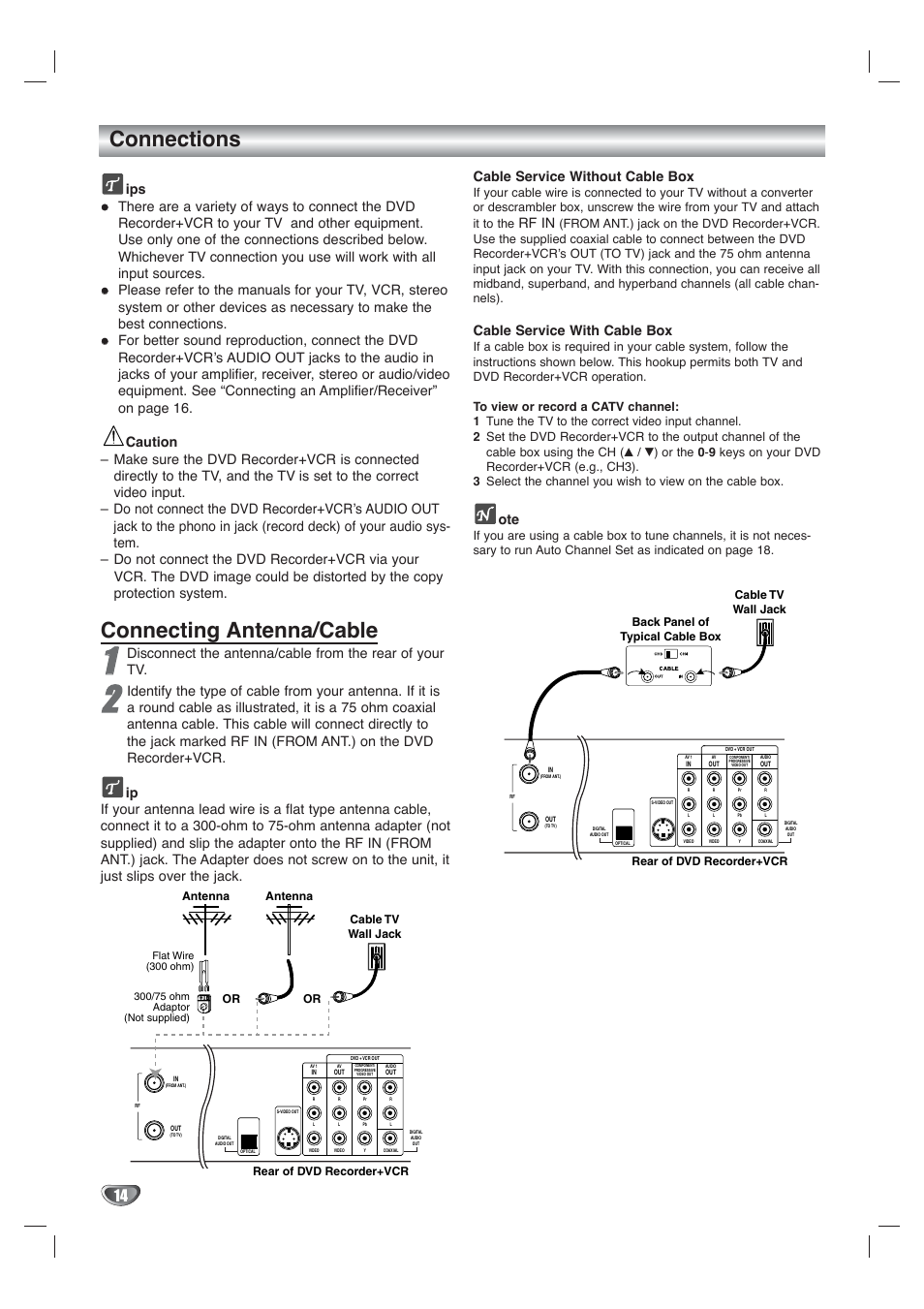 Connections, Connecting antenna/cable, Rf in | Cable service with cable box, Antenna, Cable tv wall jack or or rear of dvd recorder+vcr | Go-Video VR4940 User Manual | Page 14 / 60