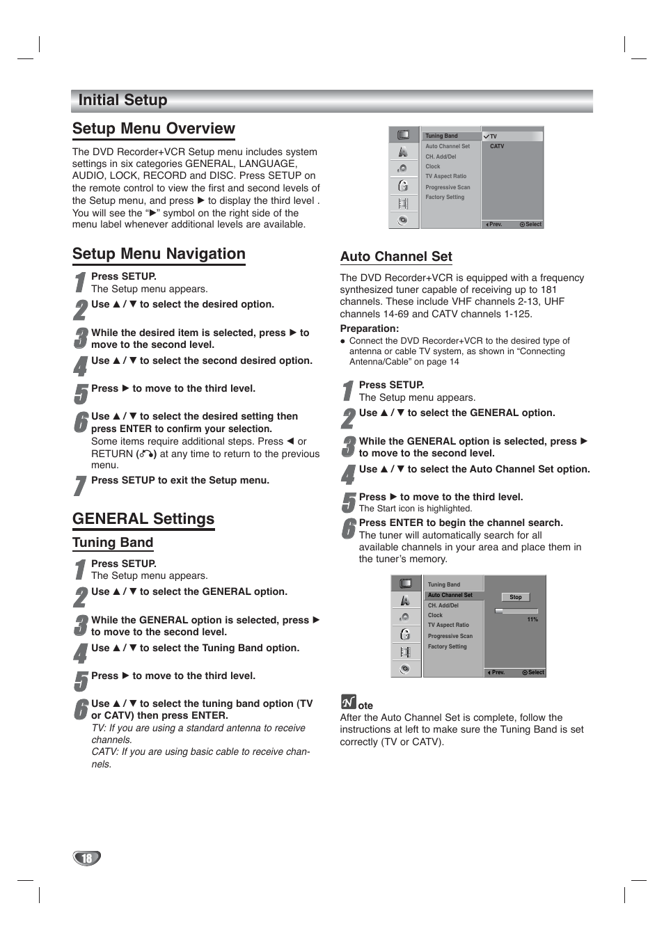 Setup menu overview, Setup menu navigation, General settings | Initial setup | Go-Video VR4940 User Manual | Page 18 / 60