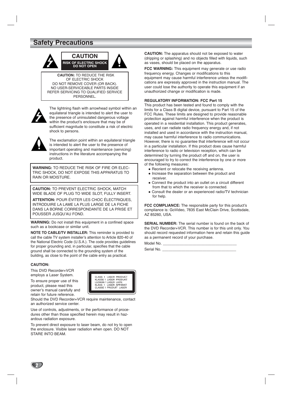 Safety precautions, Caution | Go-Video VR4940 User Manual | Page 2 / 60