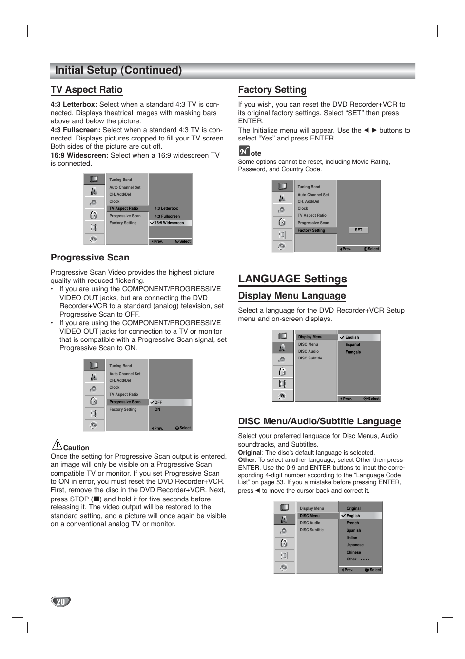 Initial setup (continued), Language settings, Tv aspect ratio | Progressive scan, Factory setting, Display menu language, Disc menu/audio/subtitle language | Go-Video VR4940 User Manual | Page 20 / 60