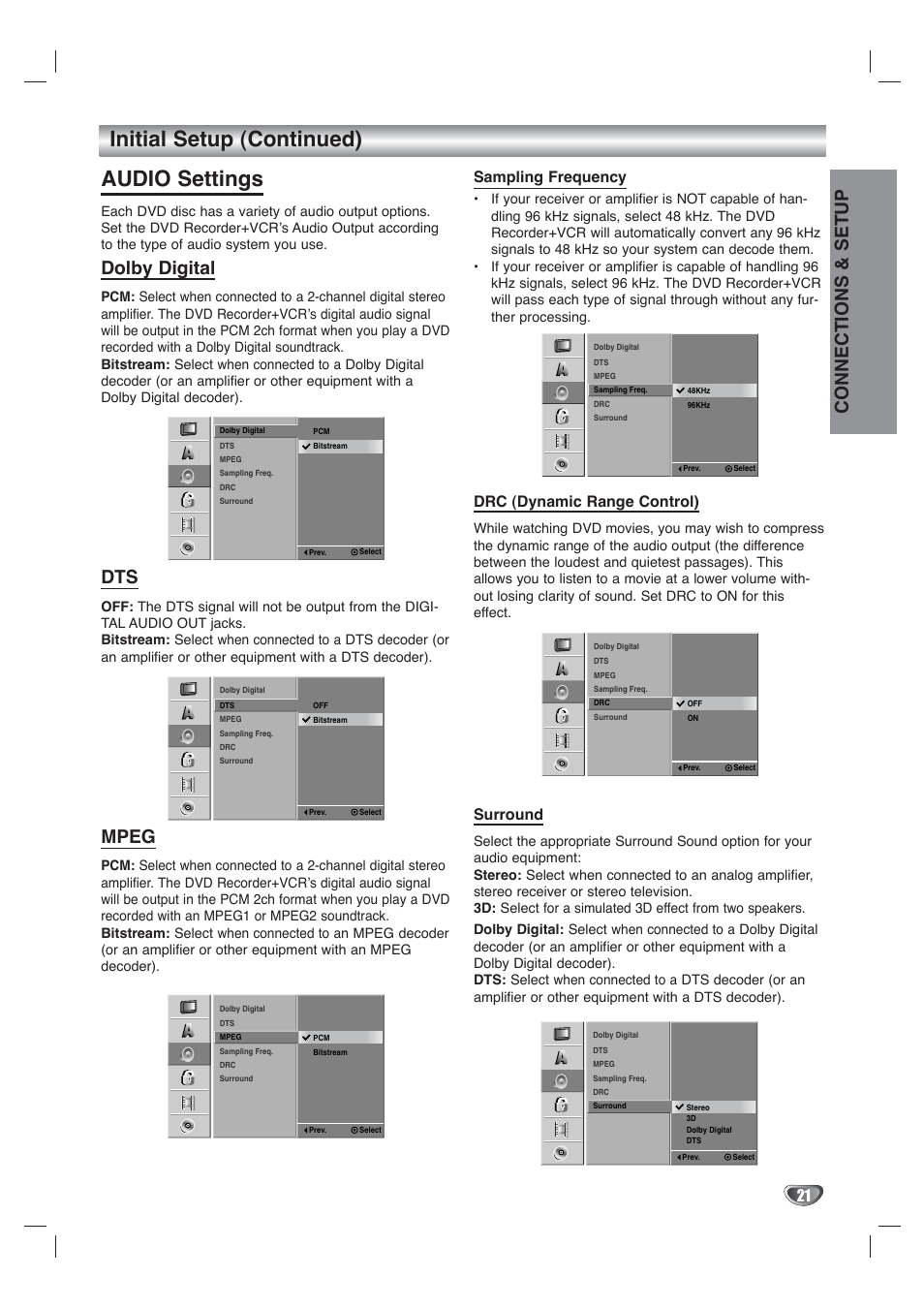 Initial setup (continued) audio settings, Connections & setup, Dolby digital | Mpeg, Sampling frequency, Drc (dynamic range control), Surround | Go-Video VR4940 User Manual | Page 21 / 60