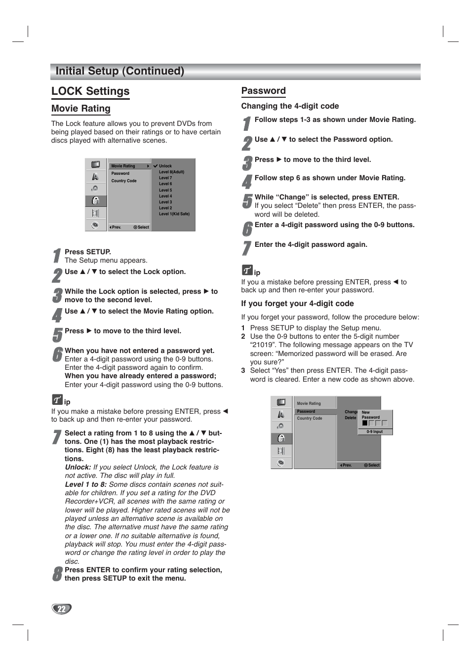 Initial setup (continued) lock settings | Go-Video VR4940 User Manual | Page 22 / 60