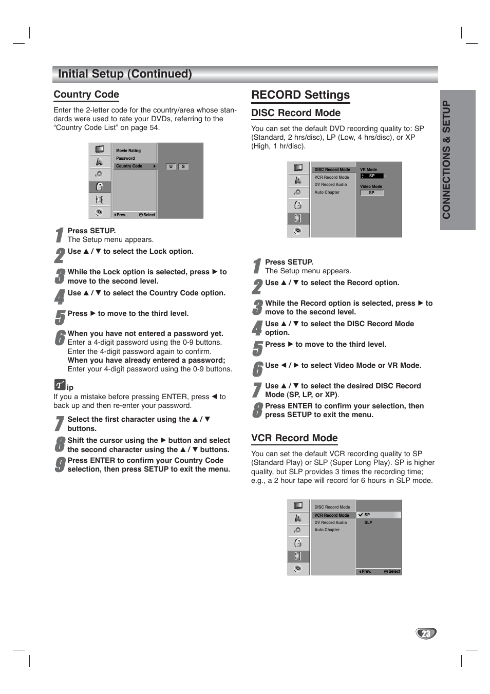 Initial setup (continued), Record settings | Go-Video VR4940 User Manual | Page 23 / 60