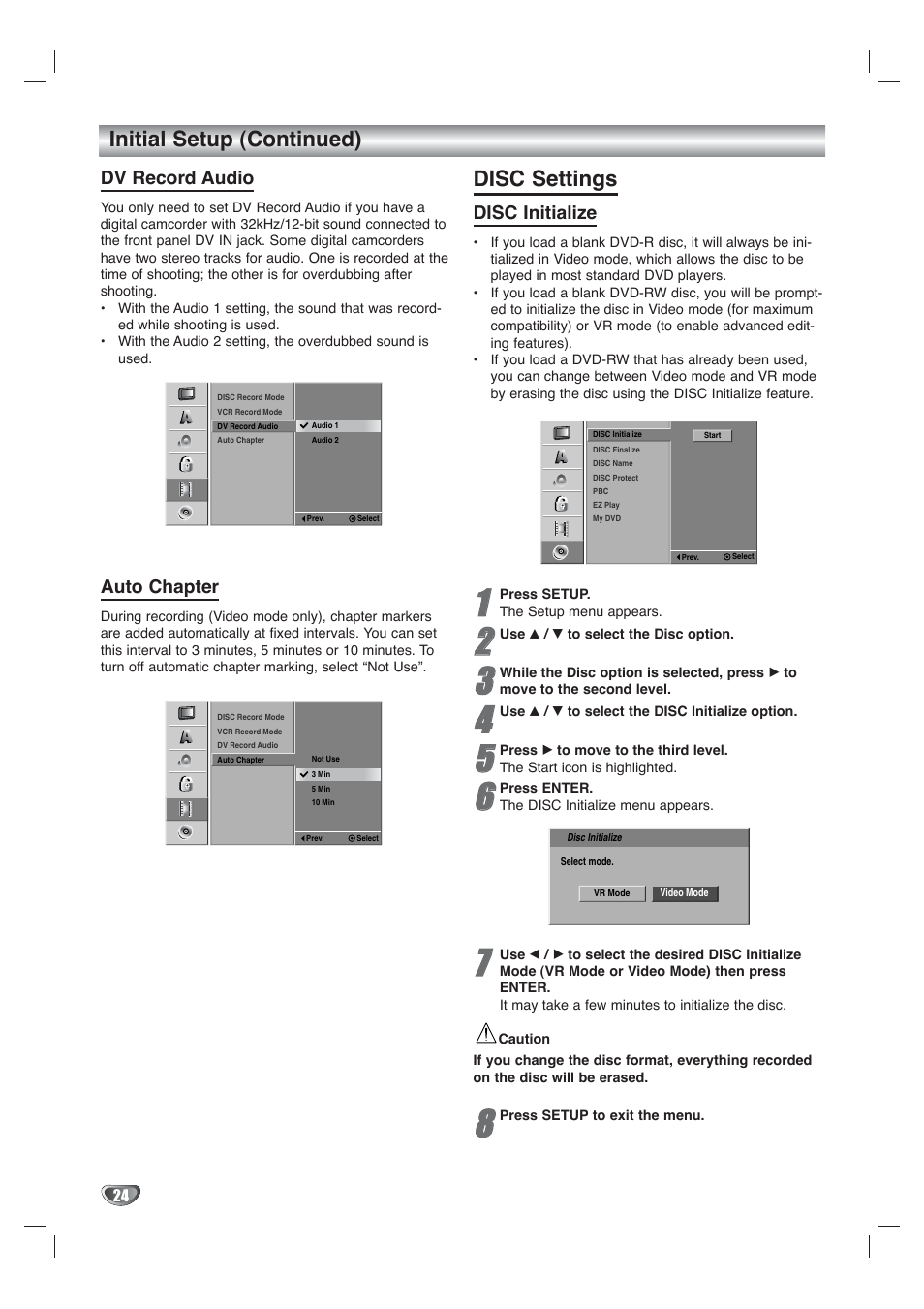 Disc settings, Initial setup (continued), Dv record audio | Auto chapter, Disc initialize | Go-Video VR4940 User Manual | Page 24 / 60