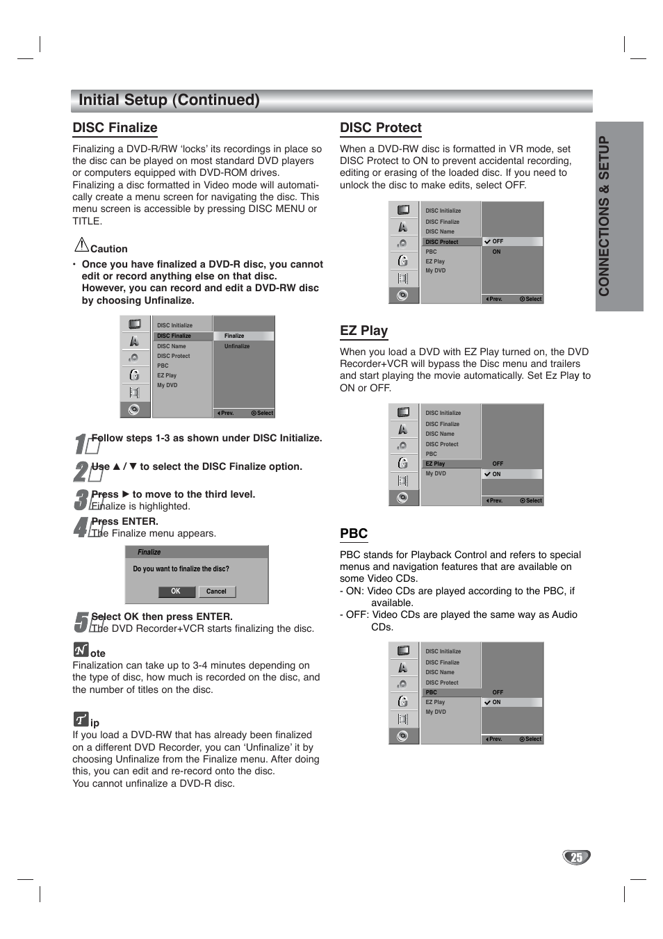 Initial setup (continued), Disc finalize, Disc protect | Ez play, Connections & setup | Go-Video VR4940 User Manual | Page 25 / 60