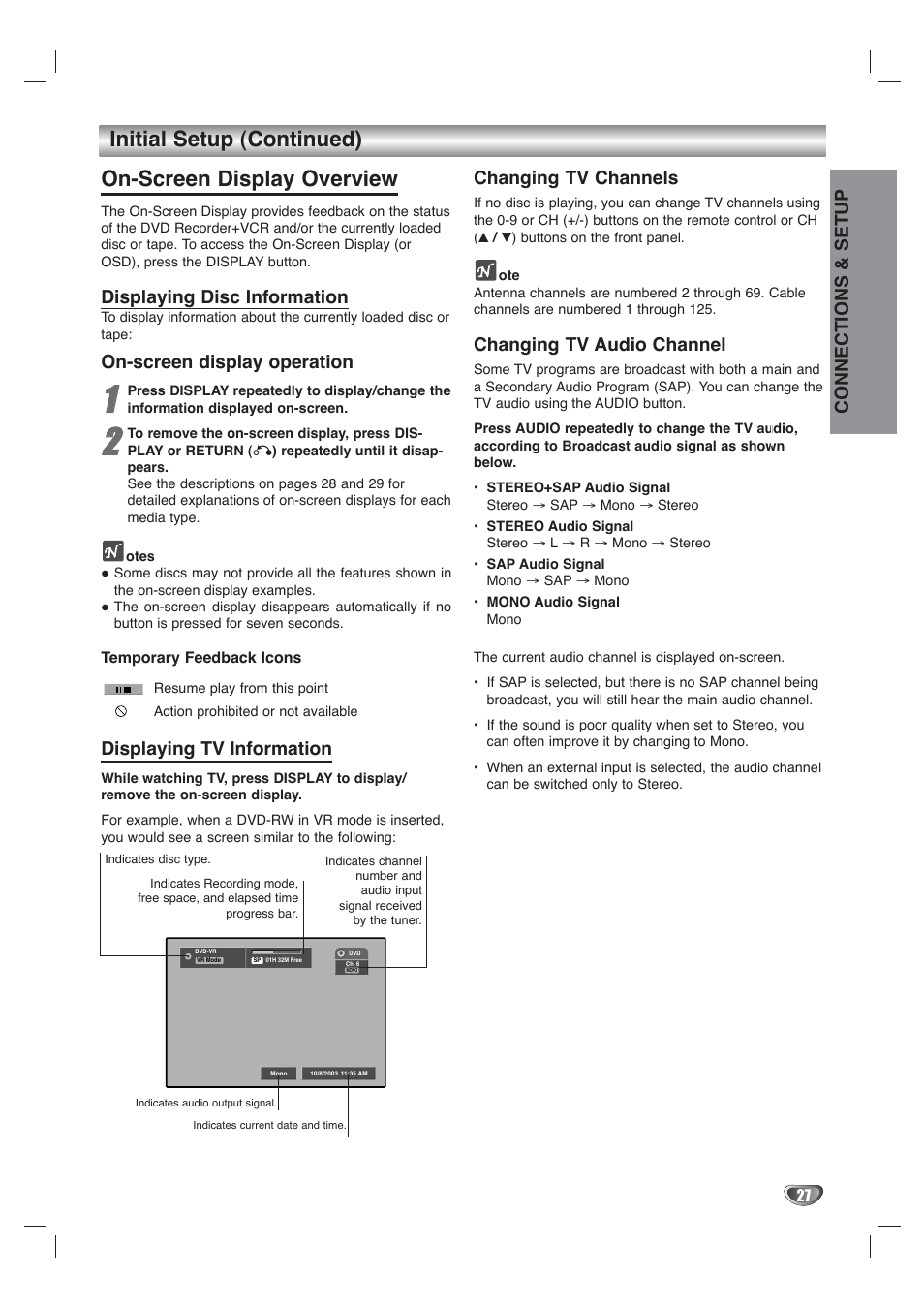 Connections & setup, Displaying disc information, On-screen display operation | Displaying tv information, Changing tv channels, Changing tv audio channel | Go-Video VR4940 User Manual | Page 27 / 60