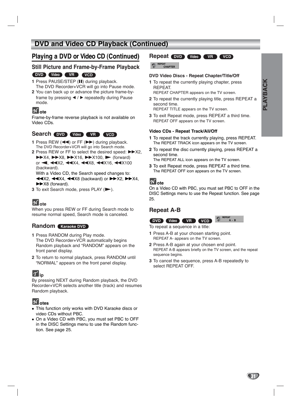 Pla yback, Still picture and frame-by-frame playback, Search | Random, Repeat, Repeat a-b | Go-Video VR4940 User Manual | Page 31 / 60