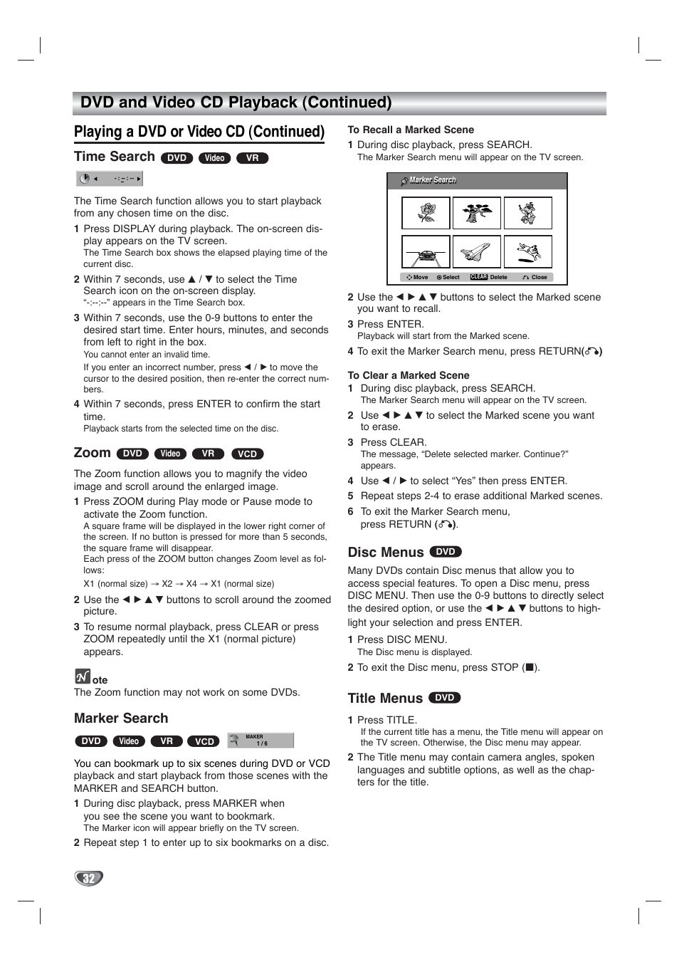 Time search, Zoom, Marker search | Disc menus, Title menus | Go-Video VR4940 User Manual | Page 32 / 60