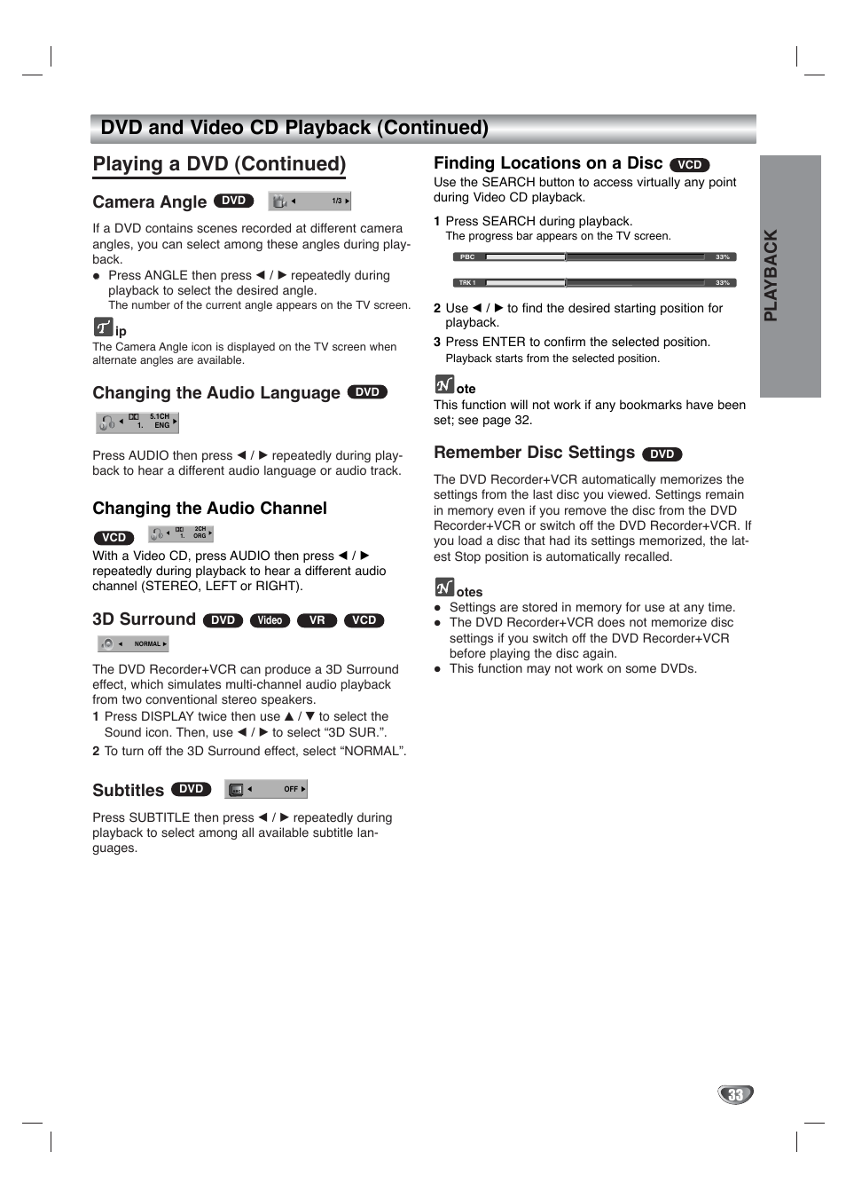 Pla yback, Camera angle, Changing the audio language | Changing the audio channel, 3d surround, Subtitles, Finding locations on a disc, Remember disc settings | Go-Video VR4940 User Manual | Page 33 / 60