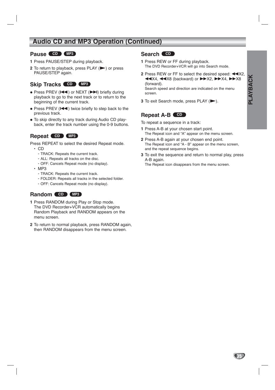 Audio cd and mp3 operation (continued), Pla yback, Pause | Skip tracks, Repeat, Random, Search, Repeat a-b | Go-Video VR4940 User Manual | Page 35 / 60