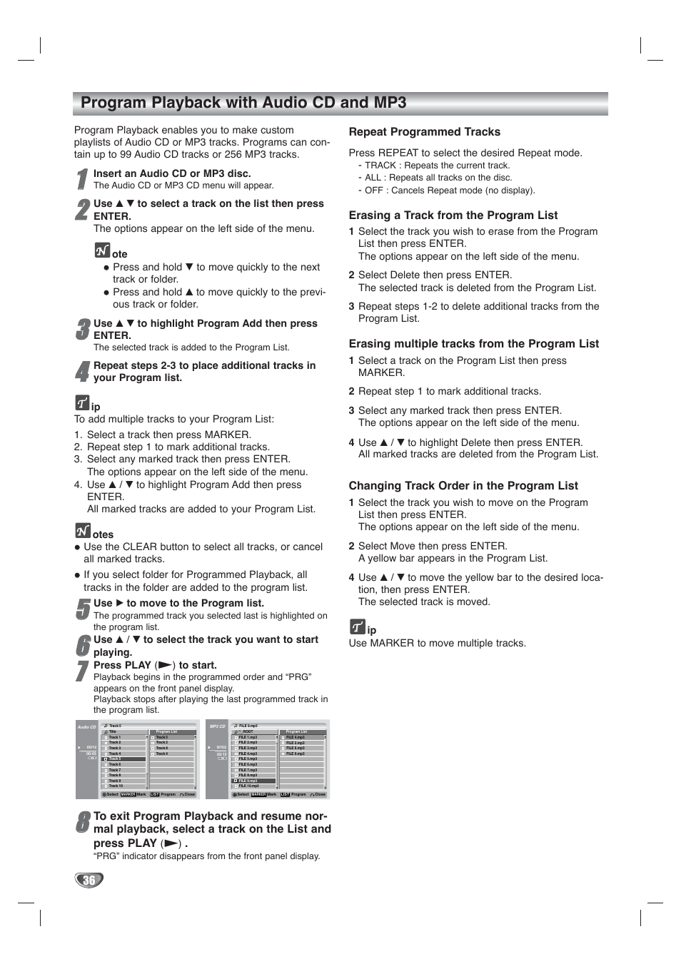 Program playback with audio cd and mp3, Repeat programmed tracks, Erasing a track from the program list | Erasing multiple tracks from the program list, Changing track order in the program list | Go-Video VR4940 User Manual | Page 36 / 60