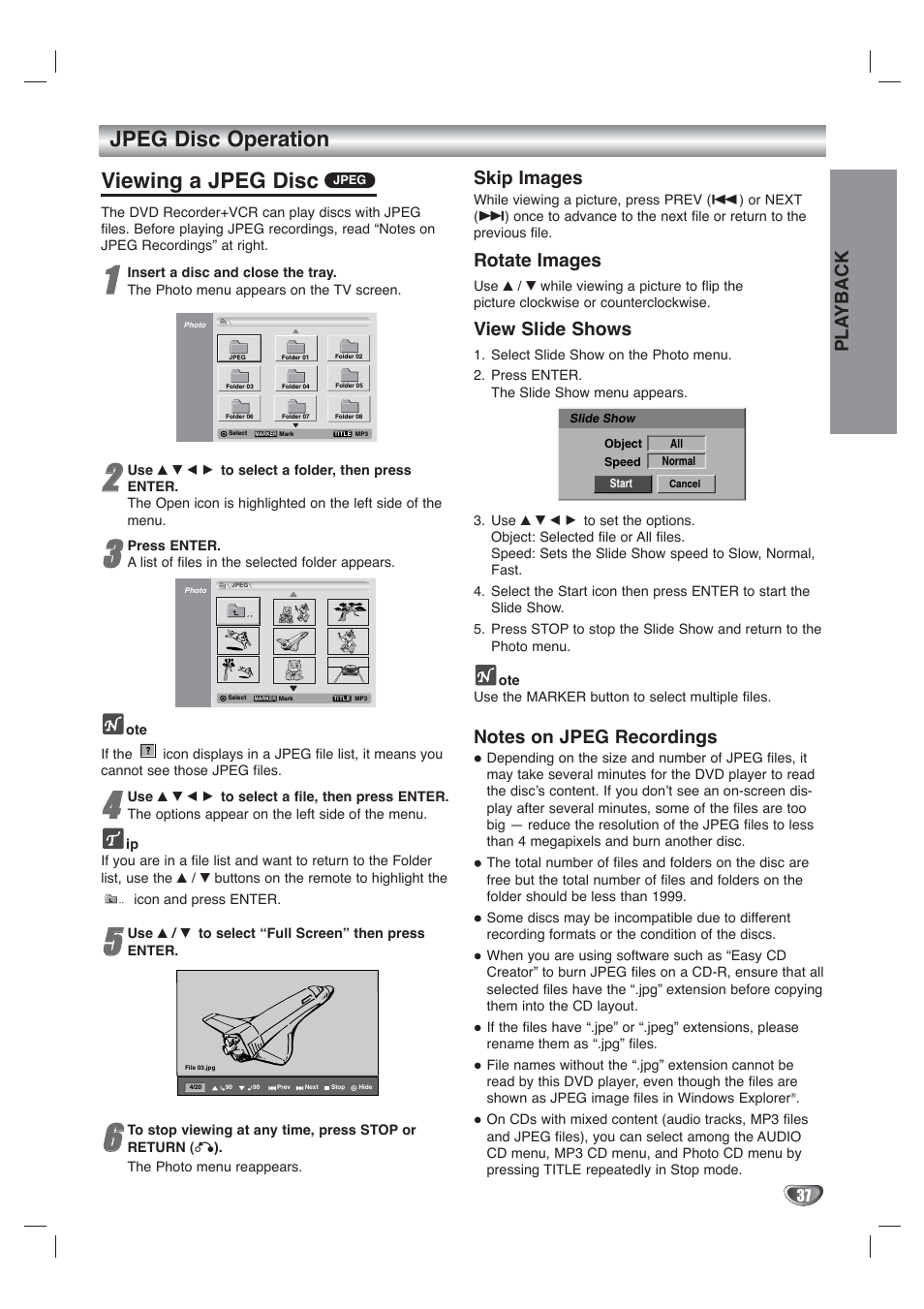 Viewing a jpeg disc, Jpeg disc operation, Pla yback | Skip images, Rotate images, View slide shows | Go-Video VR4940 User Manual | Page 37 / 60