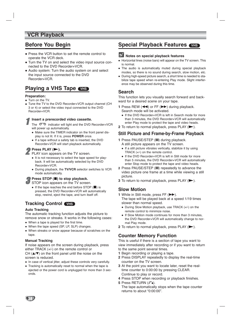 Vcr playback, Before you begin, Playing a vhs tape | Special playback features, Tracking control, Search, Still picture and frame-by-frame playback, Slow motion | Go-Video VR4940 User Manual | Page 38 / 60
