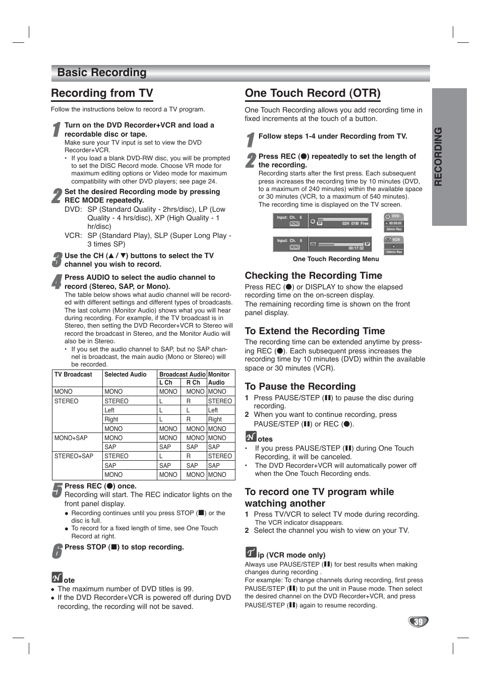 Basic recording recording from tv, One touch record (otr), Recording | Checking the recording time | Go-Video VR4940 User Manual | Page 39 / 60