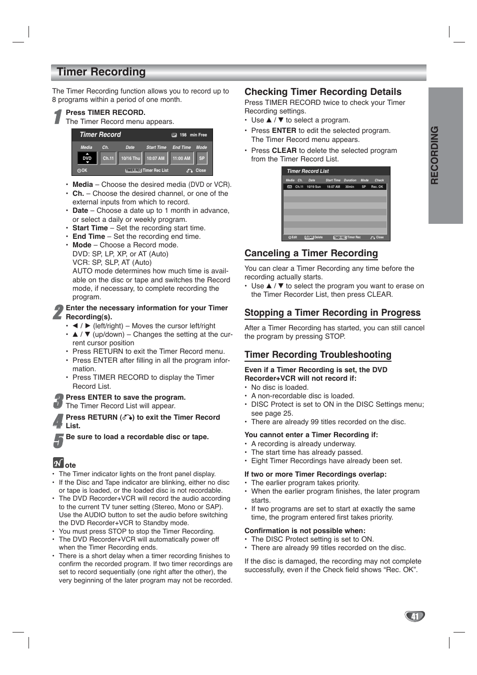 Timer recording, Recording, Checking timer recording details | Canceling a timer recording, Stopping a timer recording in progress, Timer recording troubleshooting | Go-Video VR4940 User Manual | Page 41 / 60