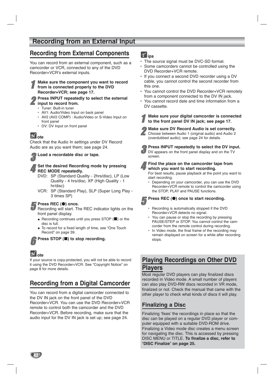 Recording from an external input, Recording from external components, Recording from a digital camcorder | Playing recordings on other dvd players | Go-Video VR4940 User Manual | Page 42 / 60