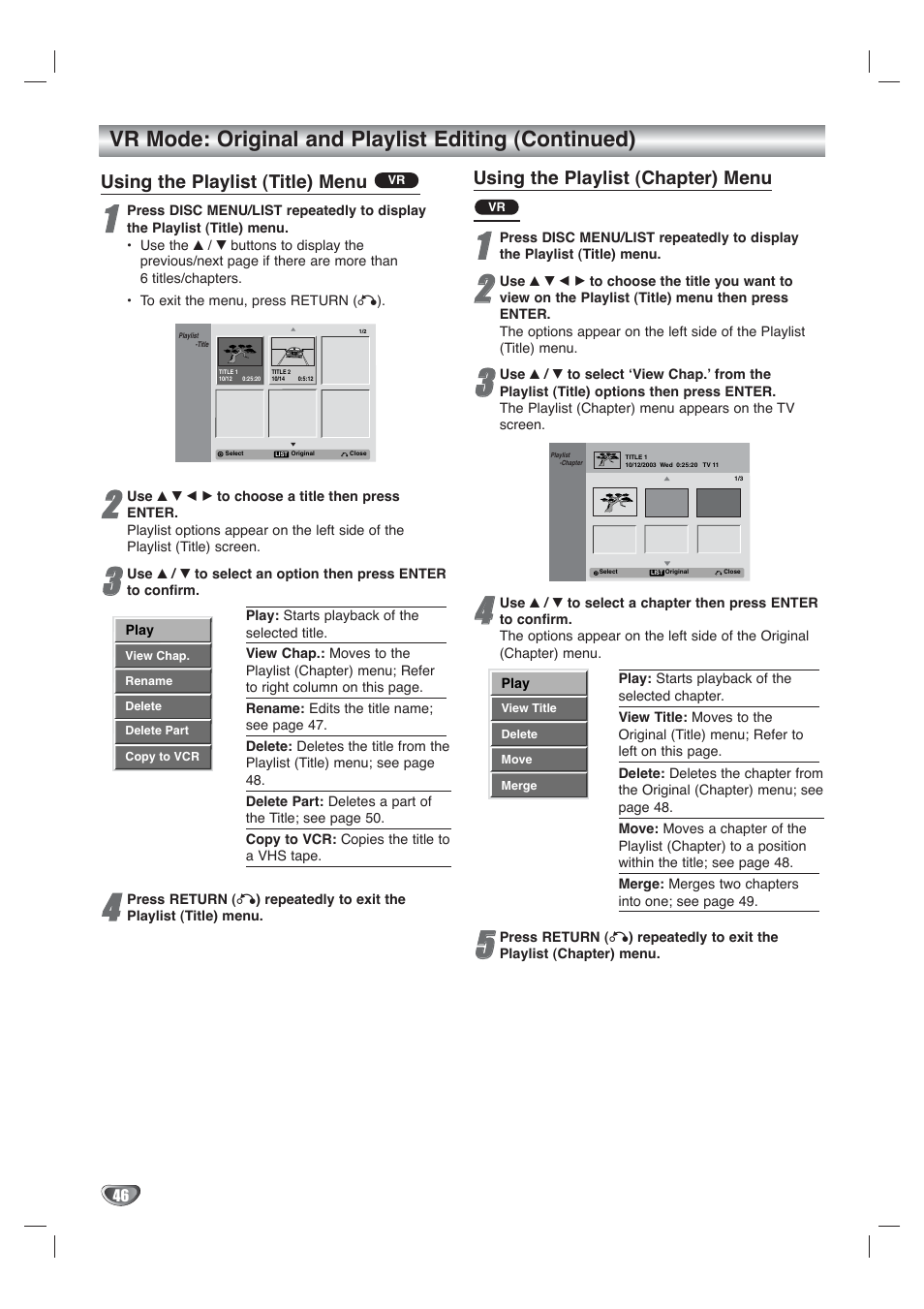 Vr mode: original and playlist editing (continued), Using the playlist (title) menu, Using the playlist (chapter) menu | Go-Video VR4940 User Manual | Page 46 / 60