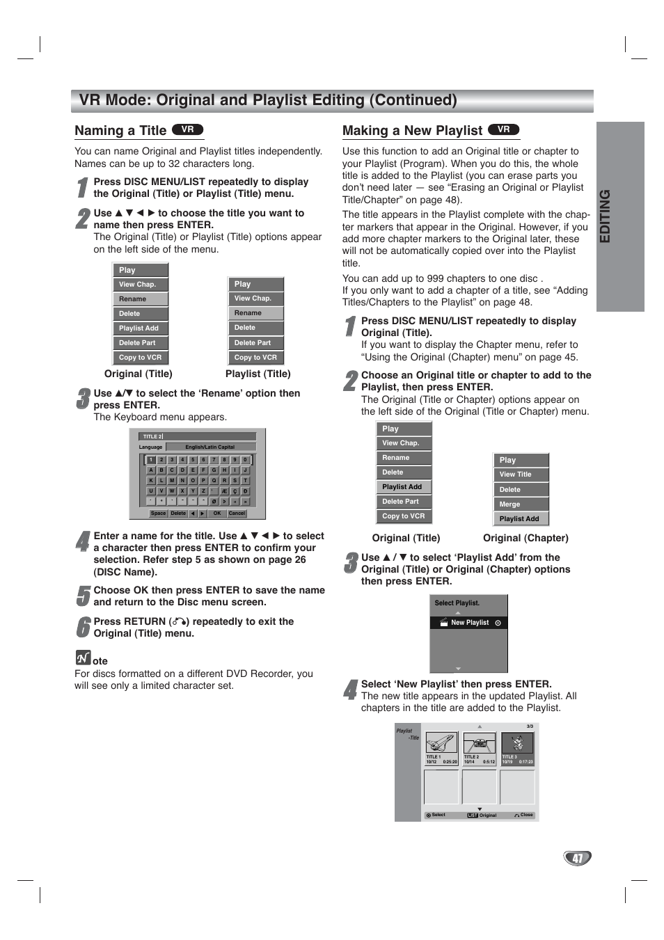 Vr mode: original and playlist editing (continued), Editing, Naming a title | Making a new playlist | Go-Video VR4940 User Manual | Page 47 / 60