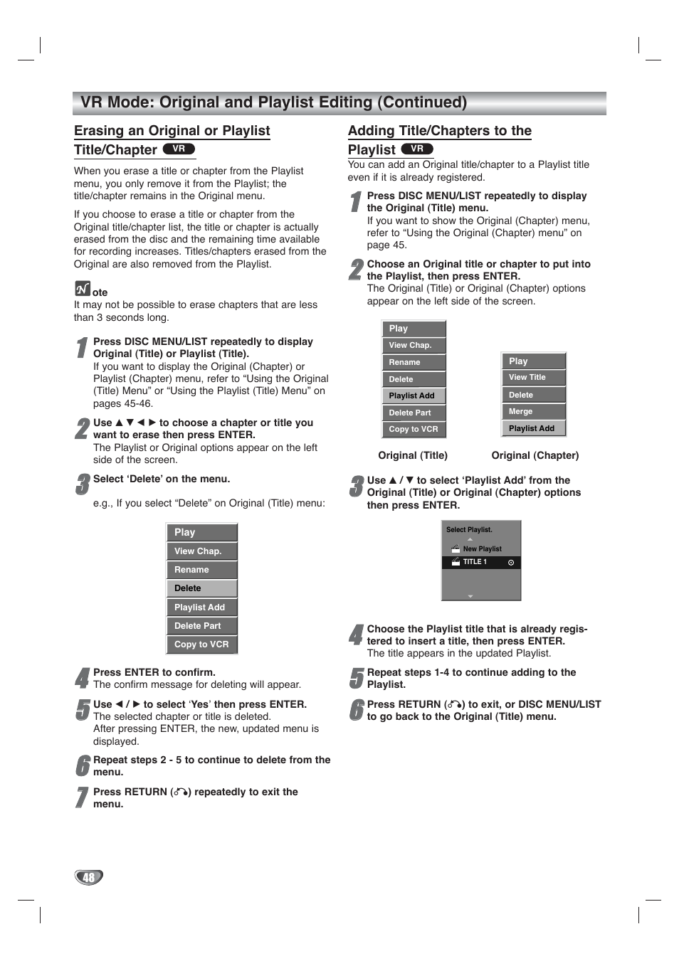 Vr mode: original and playlist editing (continued) | Go-Video VR4940 User Manual | Page 48 / 60