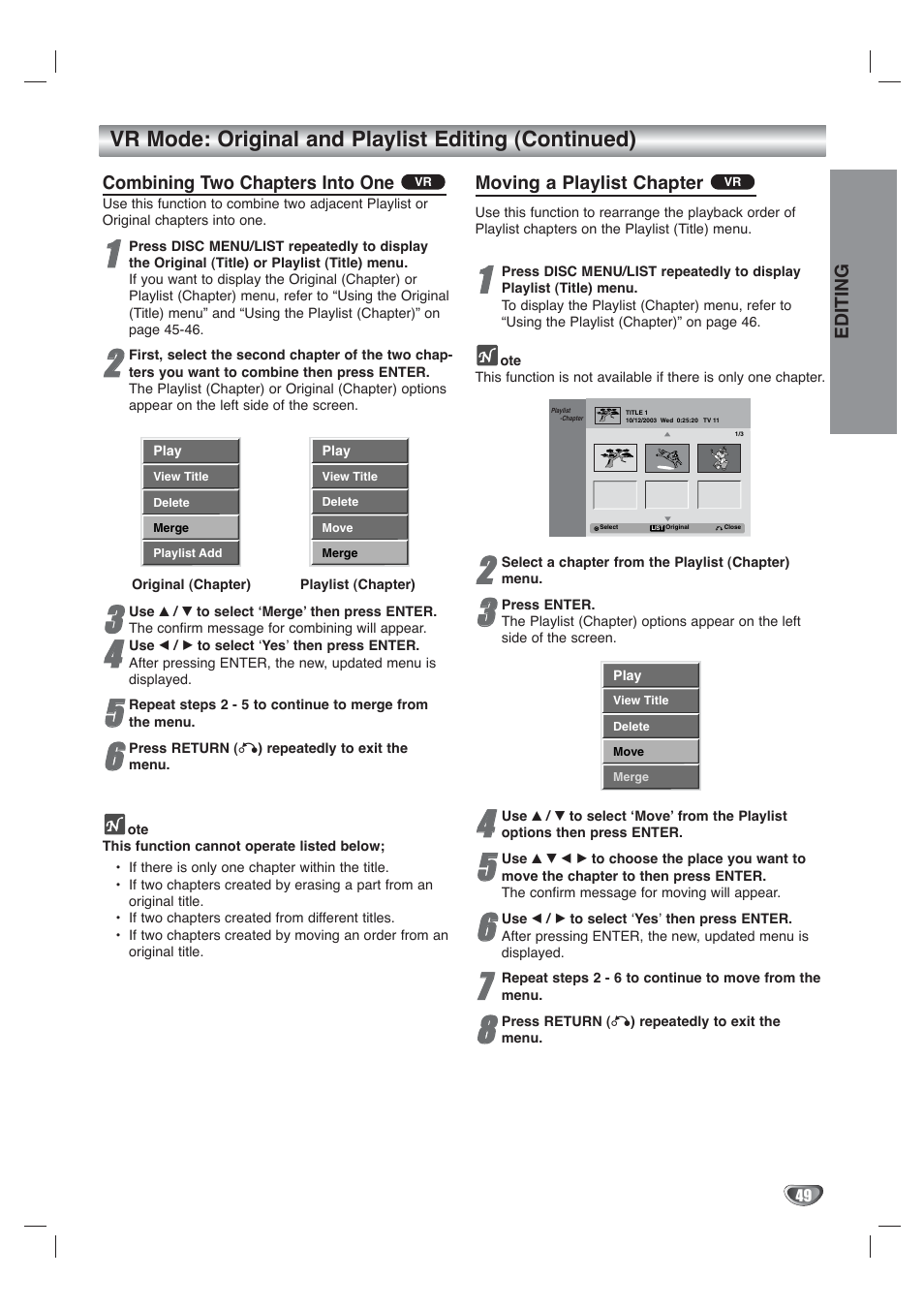 Vr mode: original and playlist editing (continued) | Go-Video VR4940 User Manual | Page 49 / 60