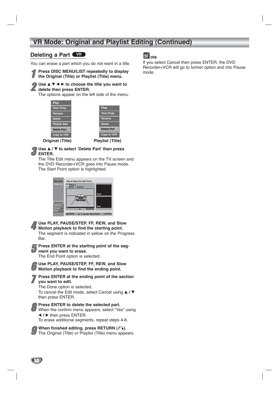 Vr mode: original and playlist editing (continued), Deleting a part | Go-Video VR4940 User Manual | Page 50 / 60