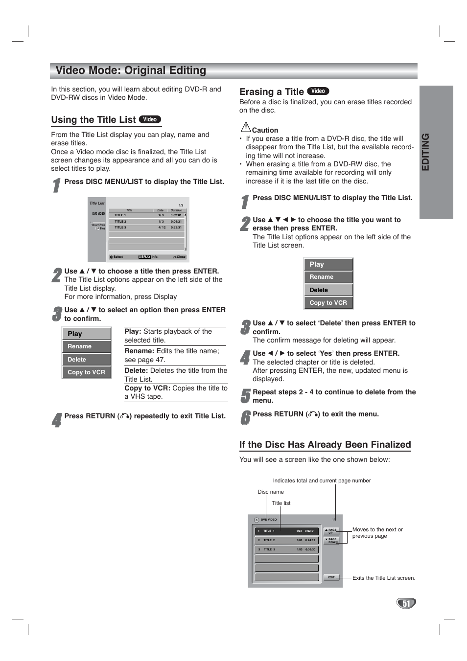 Video mode: original editing, Using the title list, Erasing a title | If the disc has already been finalized, Editing | Go-Video VR4940 User Manual | Page 51 / 60