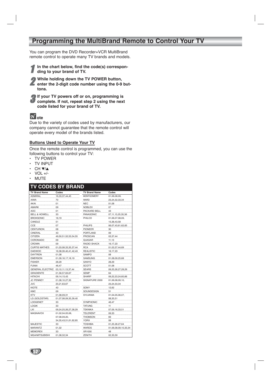 Tv codes by brand | Go-Video VR4940 User Manual | Page 52 / 60