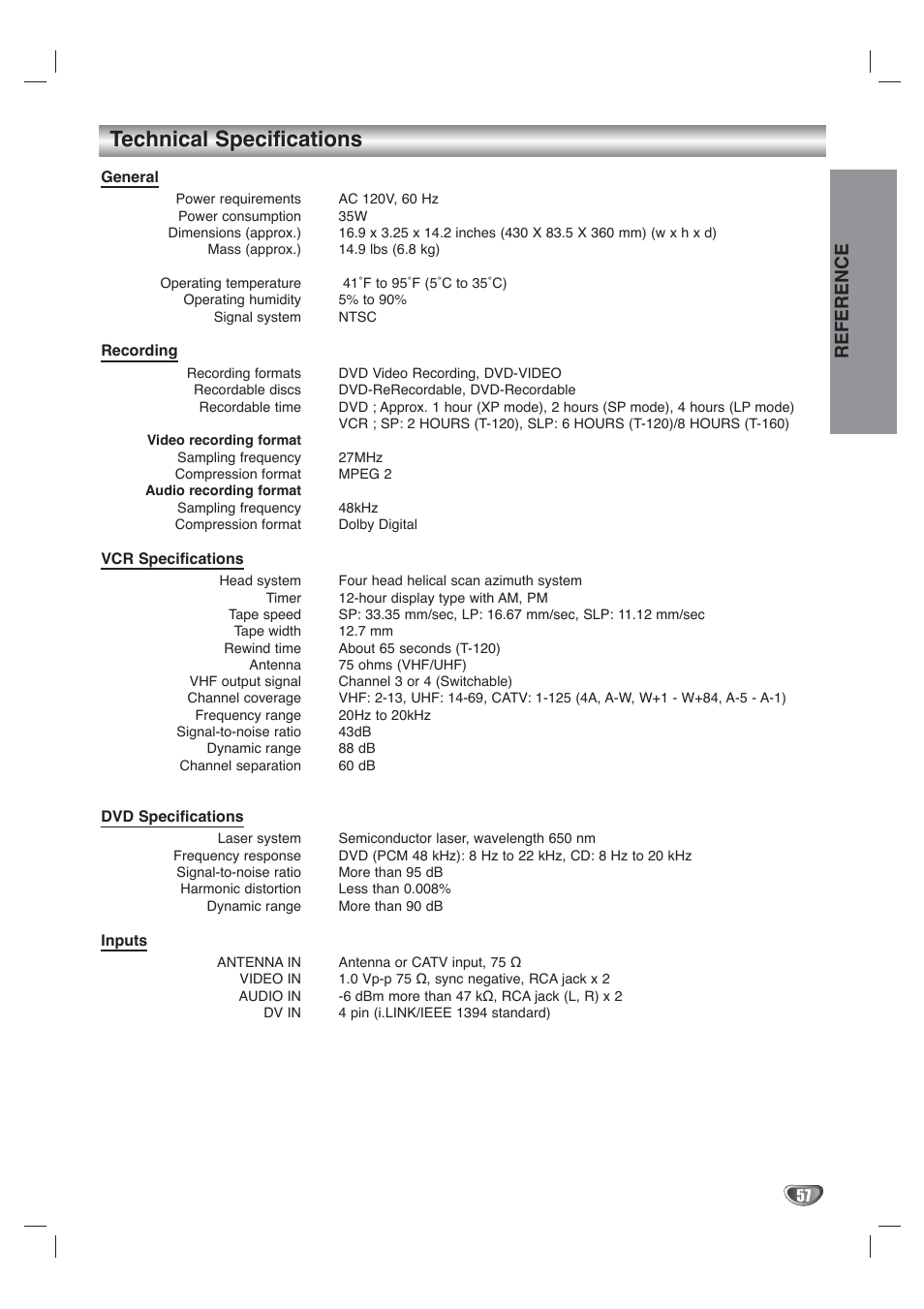 Technical specifications, Reference | Go-Video VR4940 User Manual | Page 57 / 60