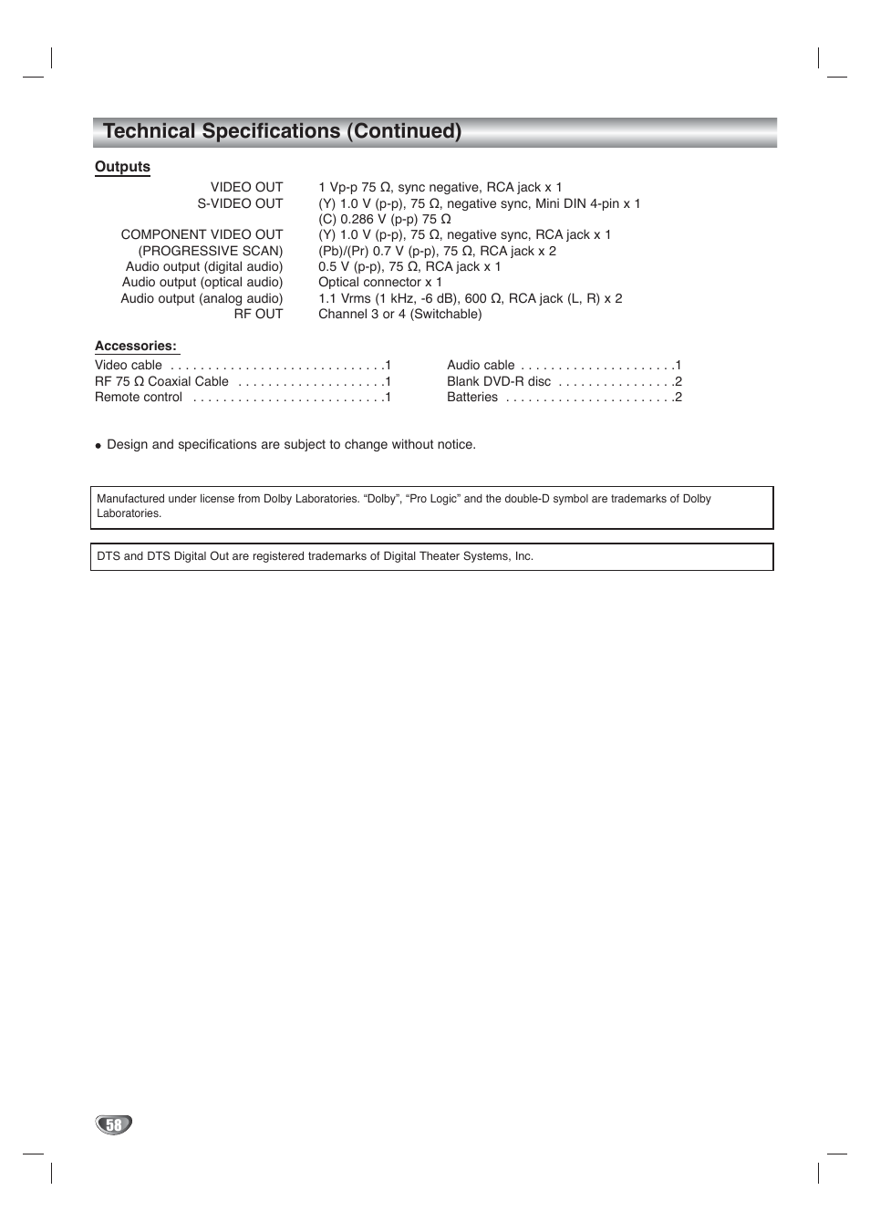 Technical specifications (continued) | Go-Video VR4940 User Manual | Page 58 / 60