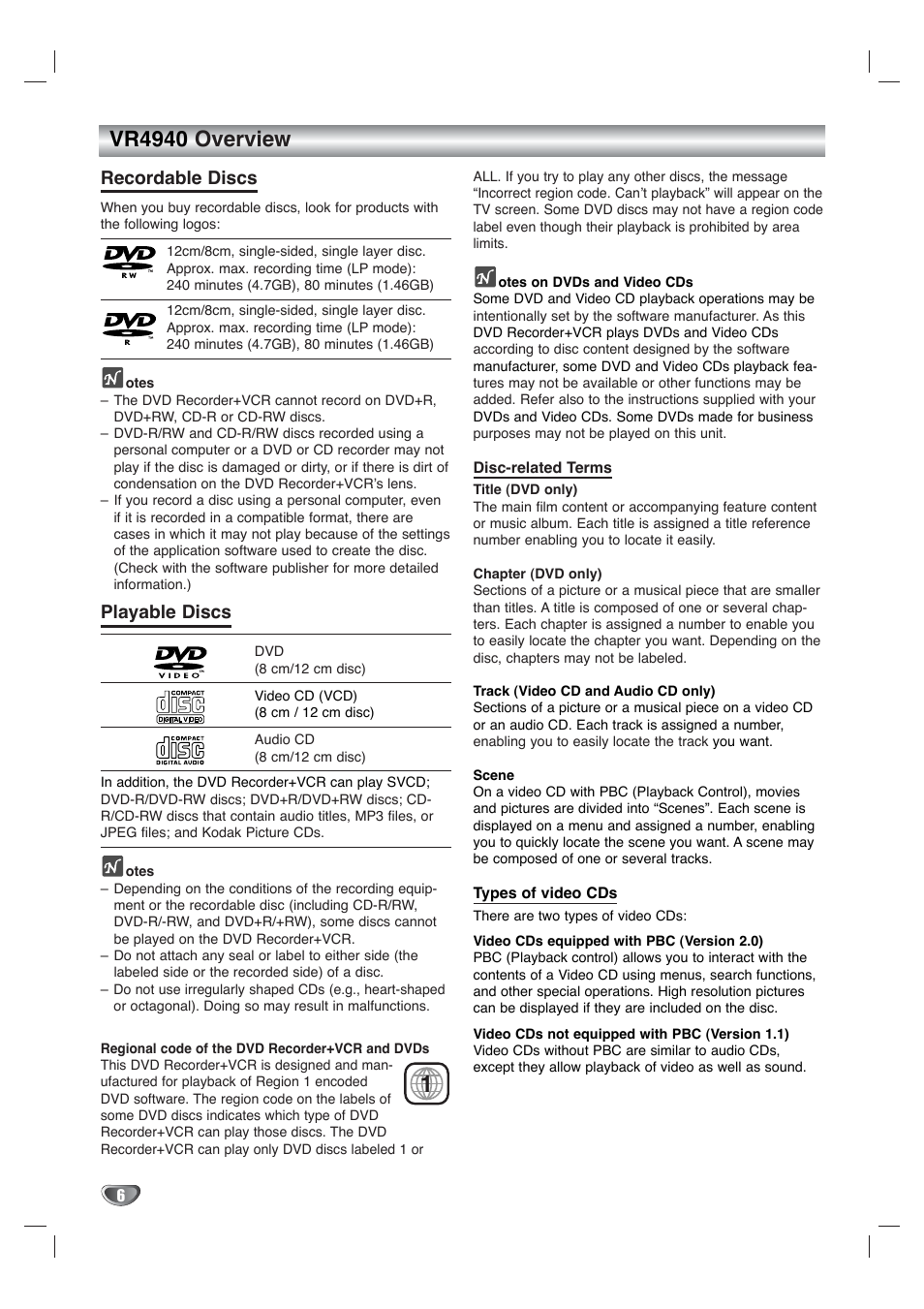 Vr4940 overview, Recordable discs, Playable discs | Go-Video VR4940 User Manual | Page 6 / 60