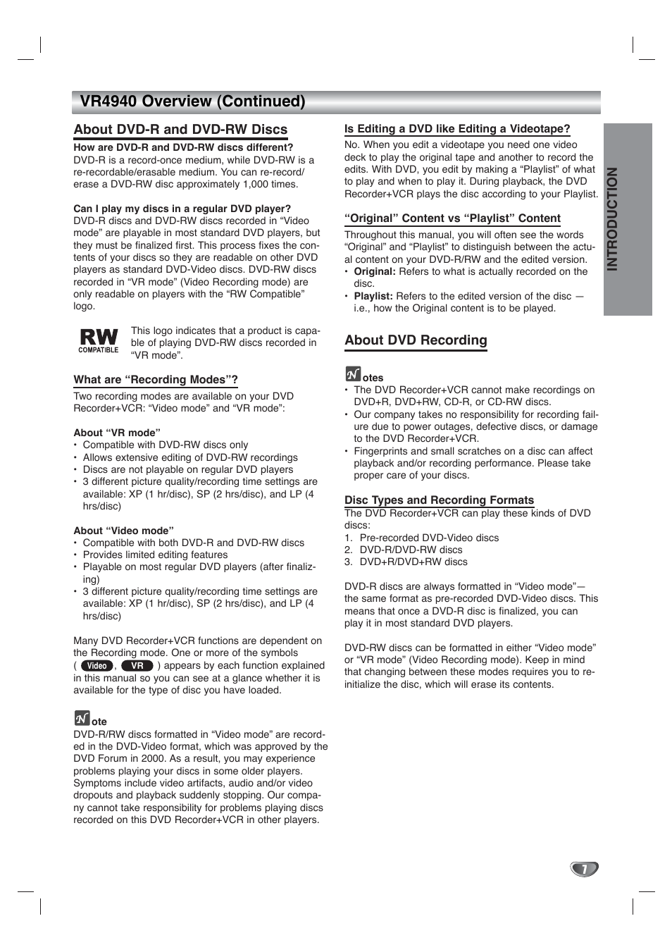 Vr4940 overview (continued), Introduction, About dvd-r and dvd-rw discs | About dvd recording | Go-Video VR4940 User Manual | Page 7 / 60