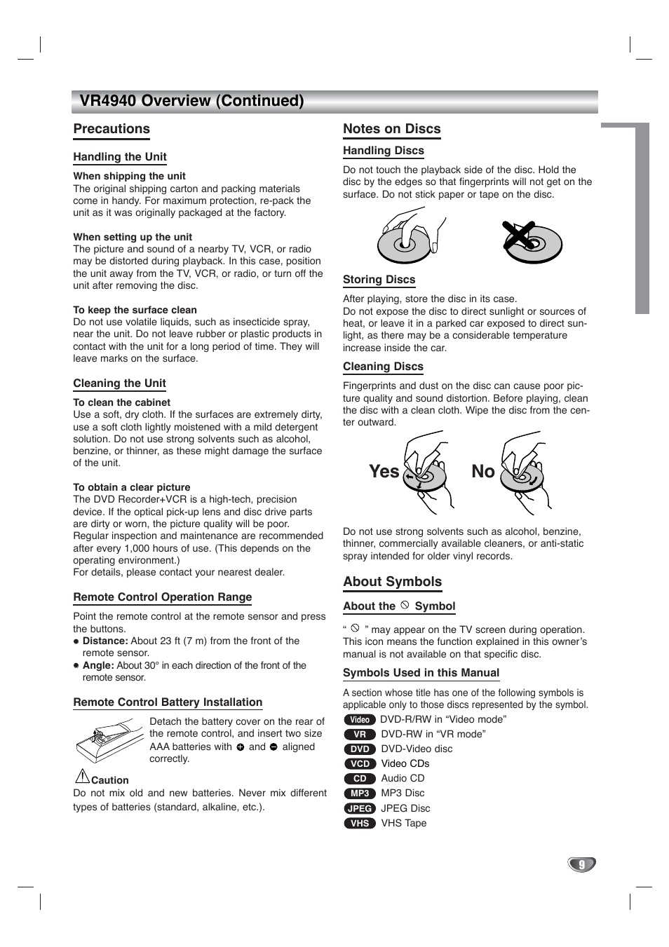 No yes, Vr4940 overview (continued), Introduction | Precautions, About symbols | Go-Video VR4940 User Manual | Page 9 / 60