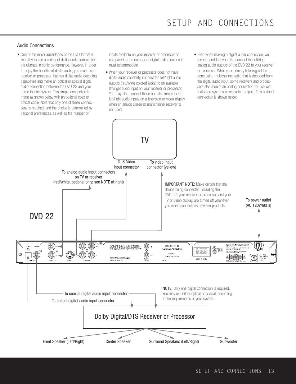 Setup and connections, Dvd 22, Dolby digital/dts receiver or processor | Go-Video DVD 22 User Manual | Page 13 / 32