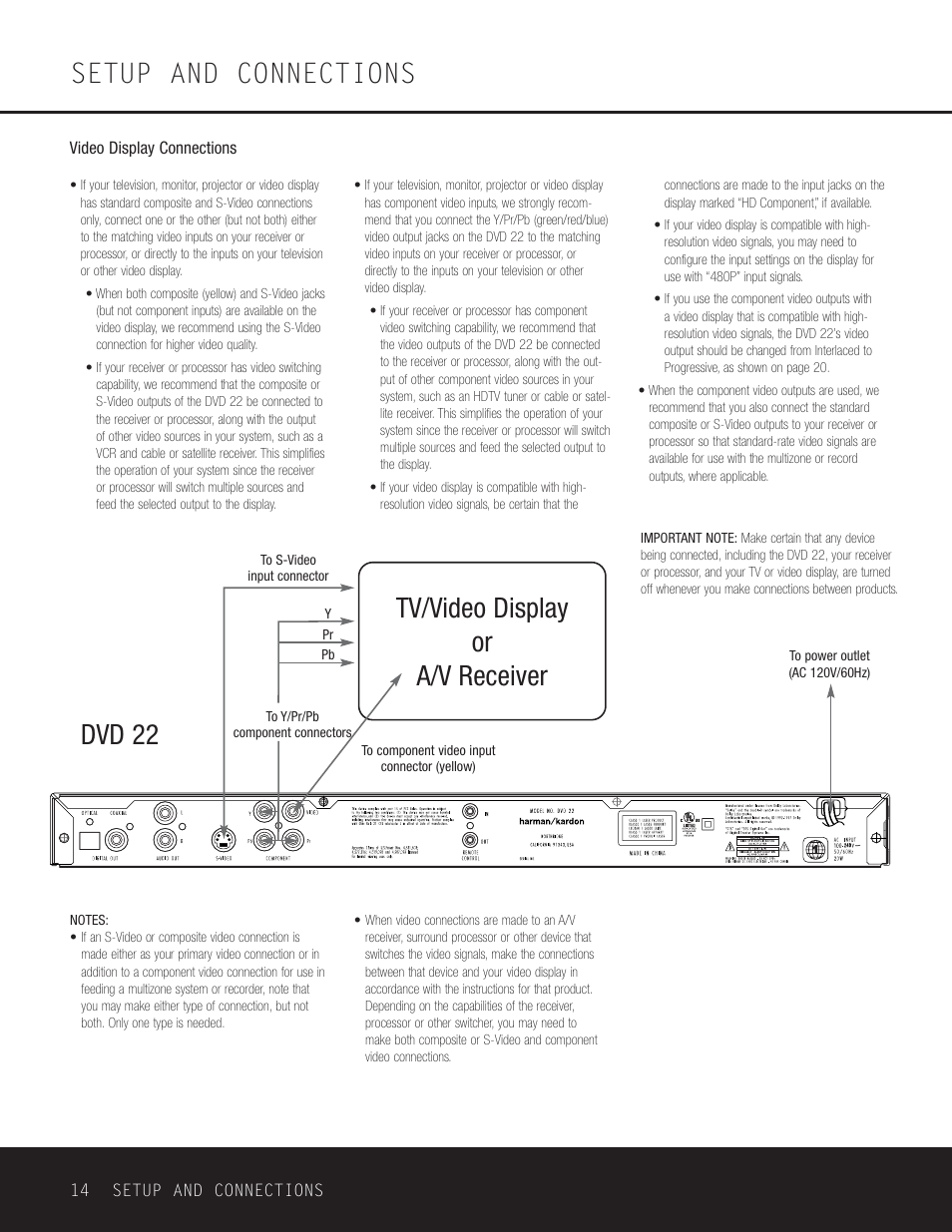 Setup and connections, Tv/video display or a/v receiver, Dvd 22 | Go-Video DVD 22 User Manual | Page 14 / 32