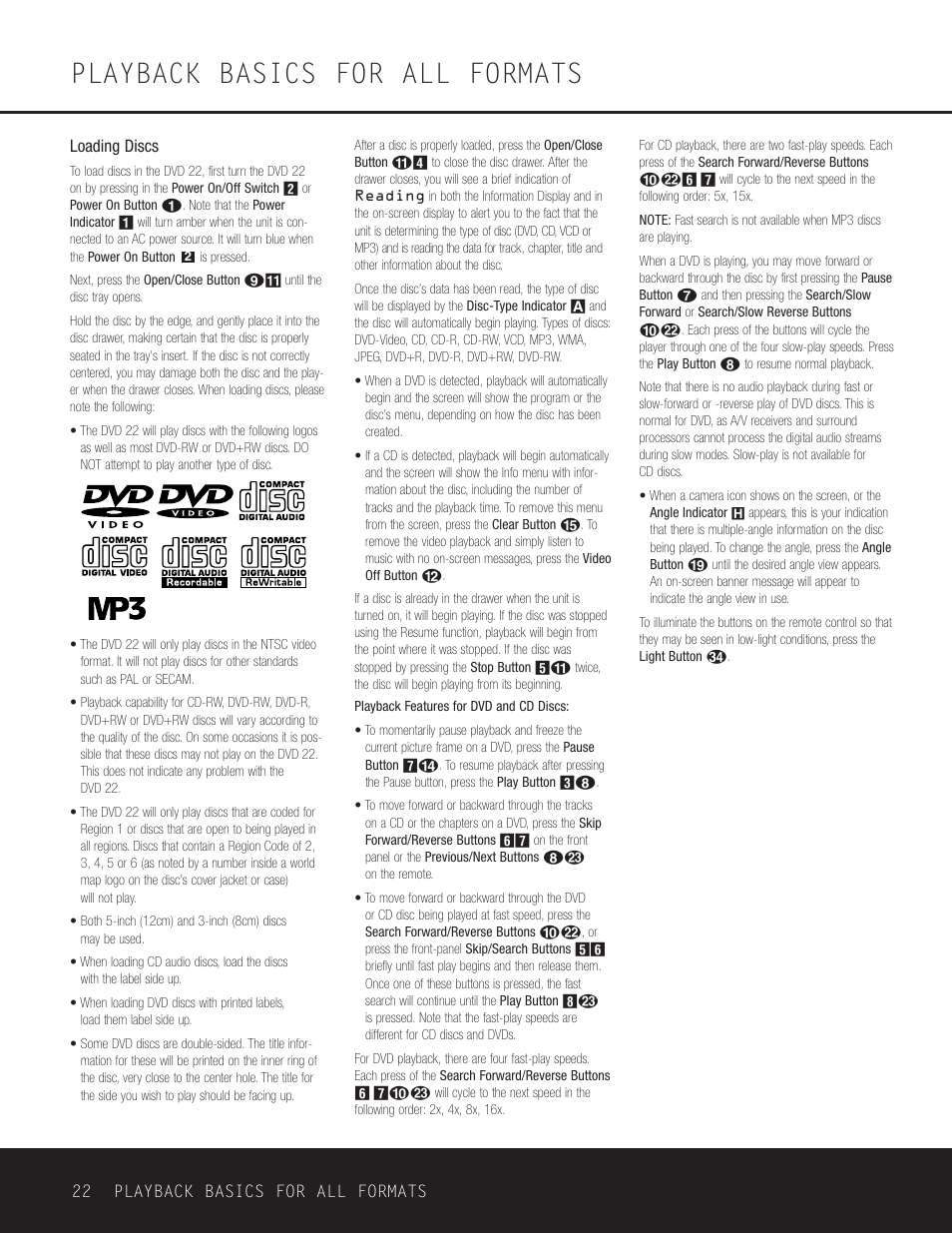 Playback basics for all formats | Go-Video DVD 22 User Manual | Page 22 / 32