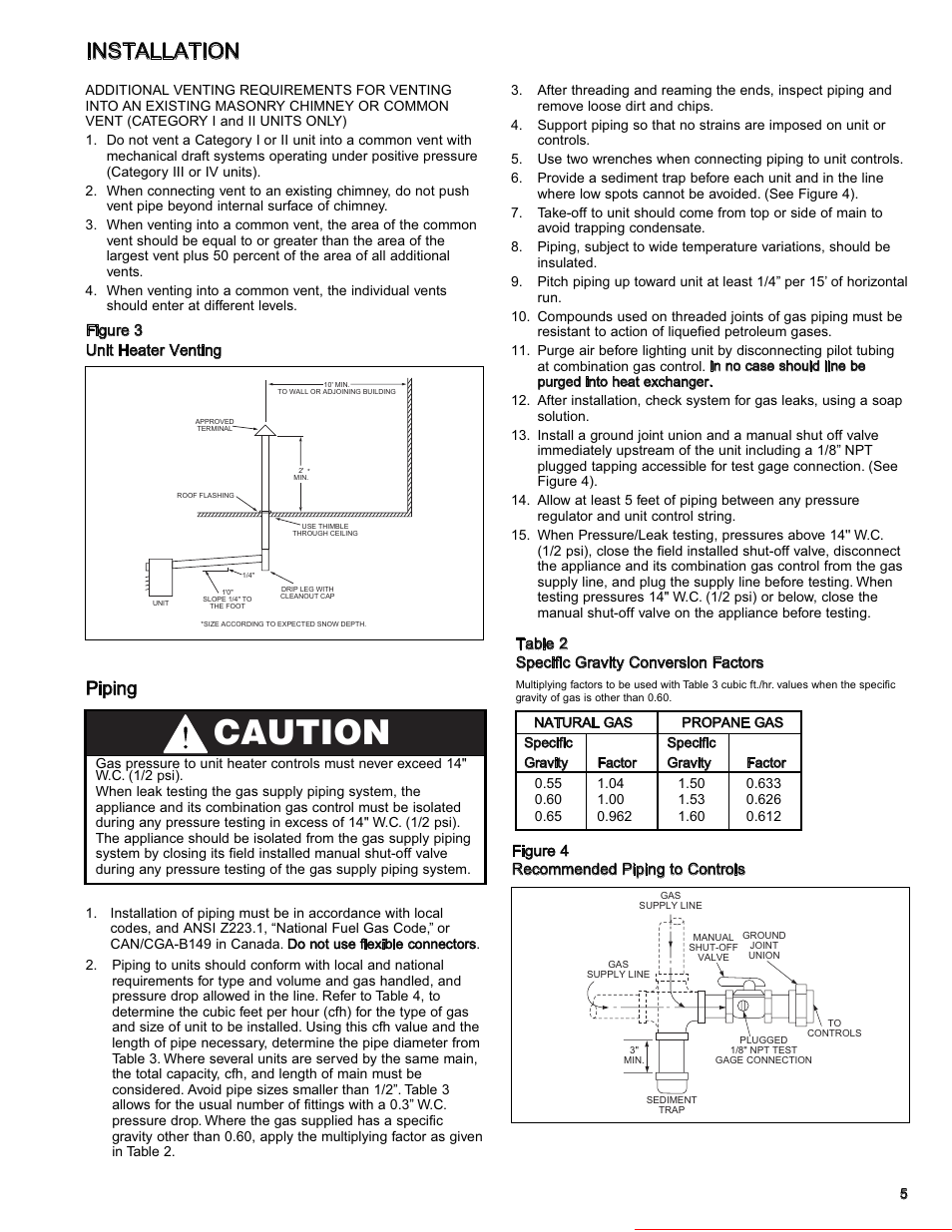 Caution, Installation, Piping | Heater parts from acf greenhouses | Modine Manufacturing GAS-FIRED HEATERS BD User Manual | Page 5 / 28