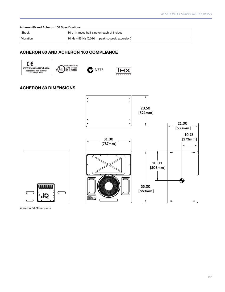 Acheron 80 and acheron 100 compliance, Acheron 80 dimensions | Meyer Sound 80 User Manual | Page 37 / 44