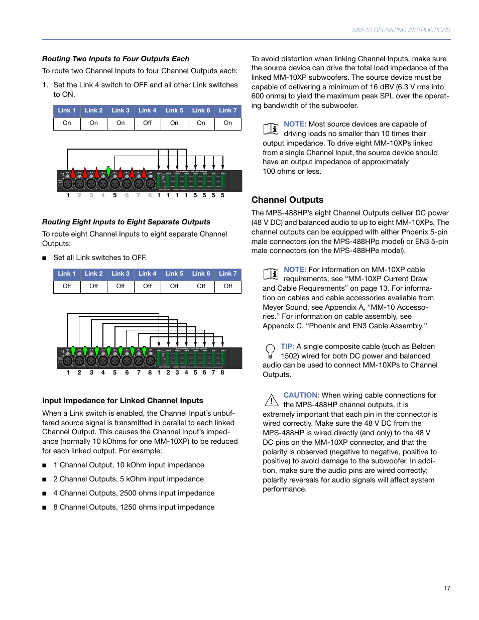 Input impedance for linked channel inputs, Channel outputs | Meyer Sound MM-10 User Manual | Page 17 / 56