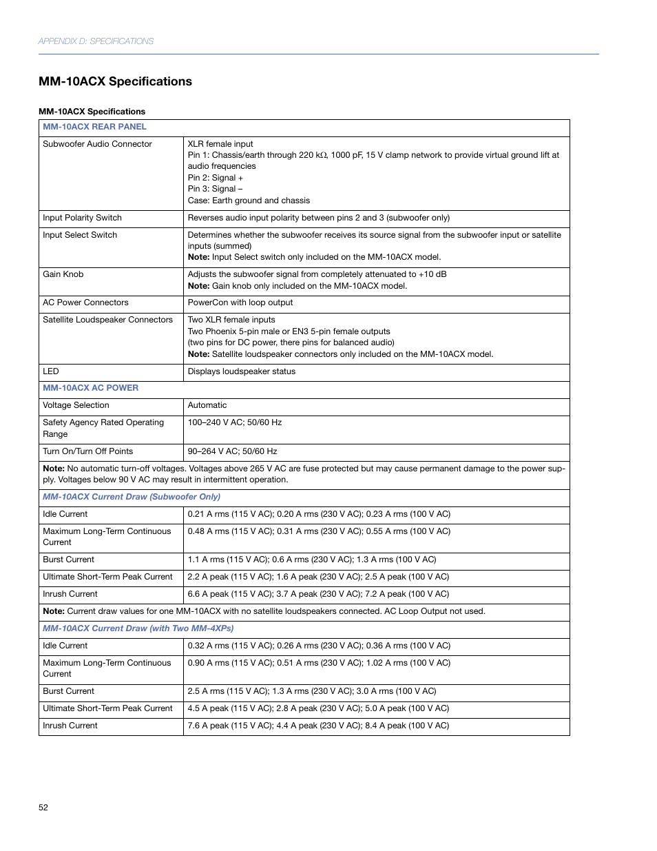Mm-10acx specifications | Meyer Sound MM-10 User Manual | Page 52 / 56