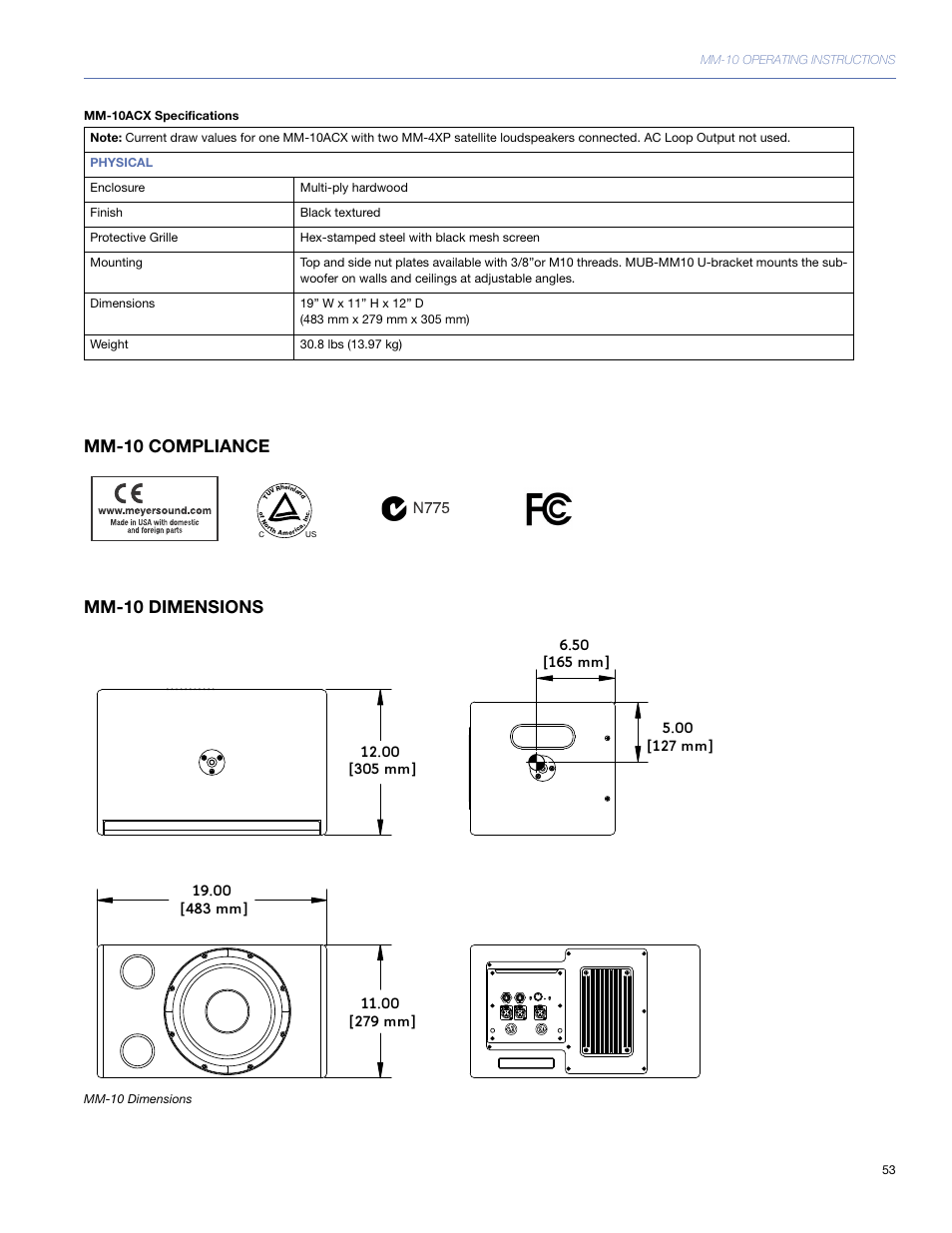 Mm-10 compliance, Mm-10 dimensions, Mm-10 compliance mm-10 dimensions | Meyer Sound MM-10 User Manual | Page 53 / 56