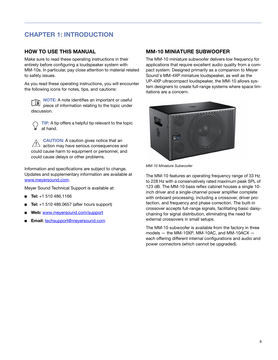Chapter 1: introduction, How to use this manual, Mm-10 miniature subwoofer | Meyer Sound MM-10 User Manual | Page 9 / 56