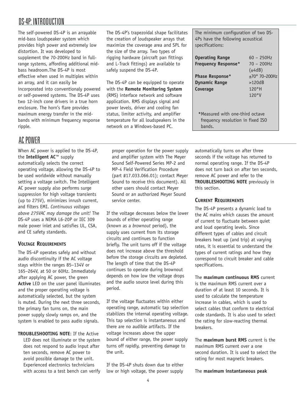 Ds-4p: introduction, Ac power | Meyer Sound DS-4P User Manual | Page 4 / 12