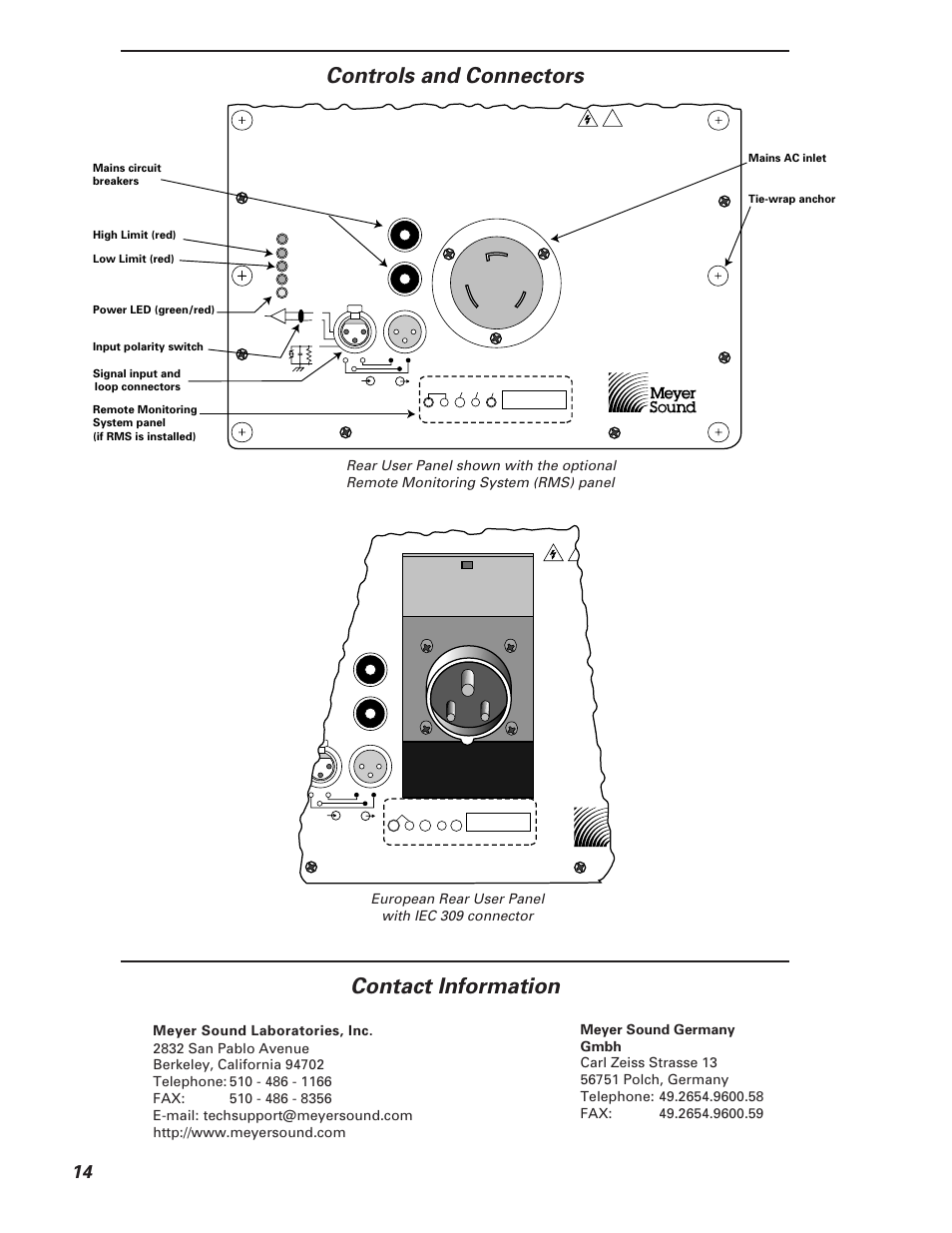 Contact information, Controls and connectors | Meyer Sound MSL-6 User Manual | Page 14 / 14